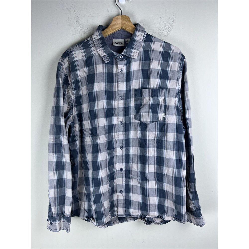 Vans Mens Long Sleeve Plaid Button Down Shirt Blue White Large Skater Casual